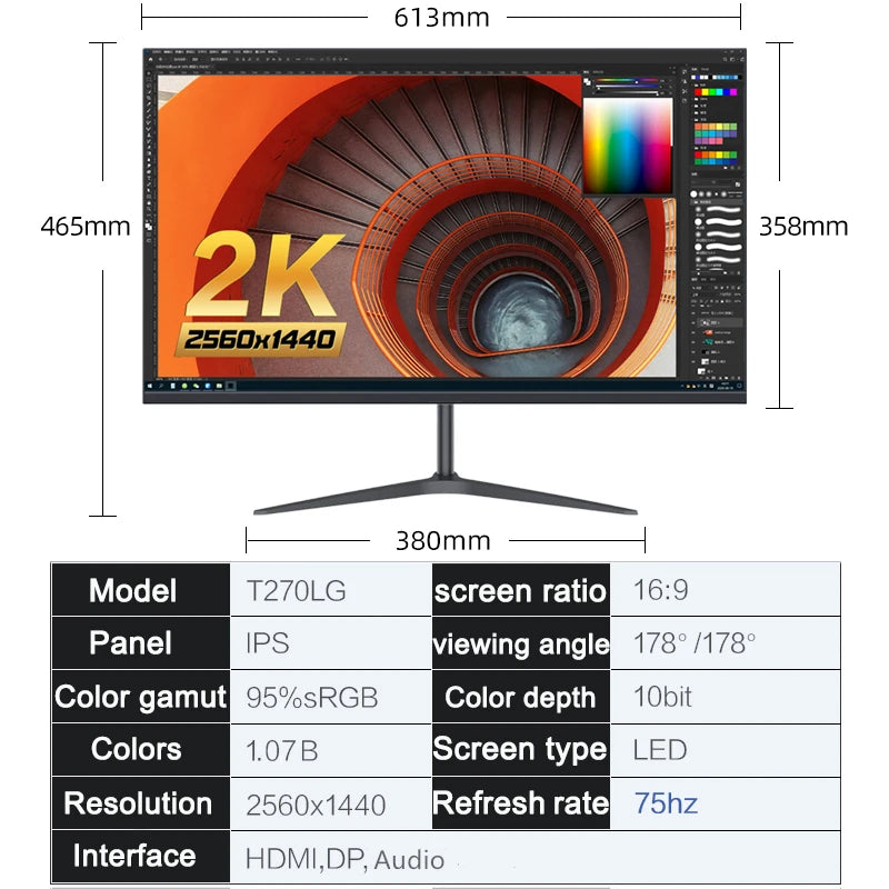 FYHXele 24 27Inch Monitor 2K 75Hz QHD IPS Panel LCD Flat 1msDisplay Gaming Monitor HDMI DP Support G-Sync AMD FREESYNC 2560*1440