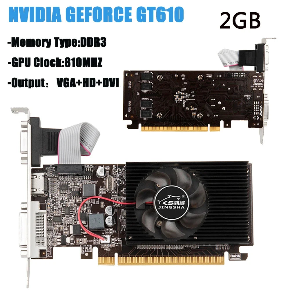 GT610 2G Video Card PCIE X16 2.0 NVIDIA GeForce GT 610 DDR3 Graphics Card VGA HD DVI 64Bit 1800MHz GT610 GPU Desktop Computer