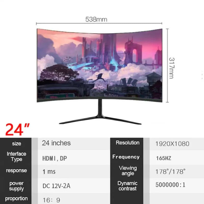 24" IPS 165hz monitors gamer 1080p HD gaming monitors PC LCD Curved screen monitor for desktop displays 1MS HDMI monitors gamer