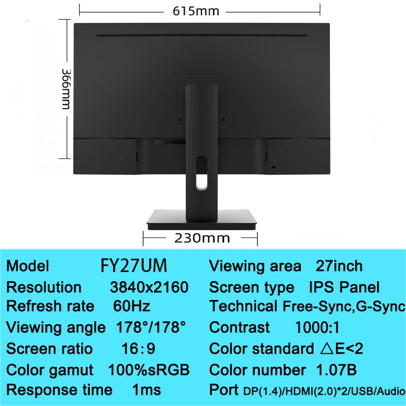 27inch Computer Monitor PC 4K UHD Monitor 60Hz IPS 1ms Adaptive-Sync VESA Mounting 100%sRGB Game Monitors HDMI-compatible/DP