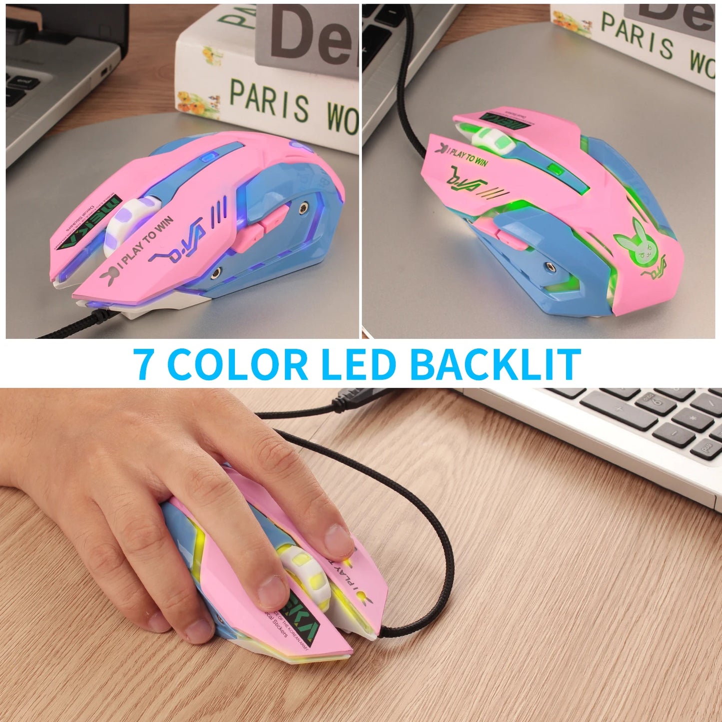 2400DPI Gaming Mouse Color Backlit Silent Mouse USB Wired Gaming Mouse Pink Computer Professional for Lol Data Laptop