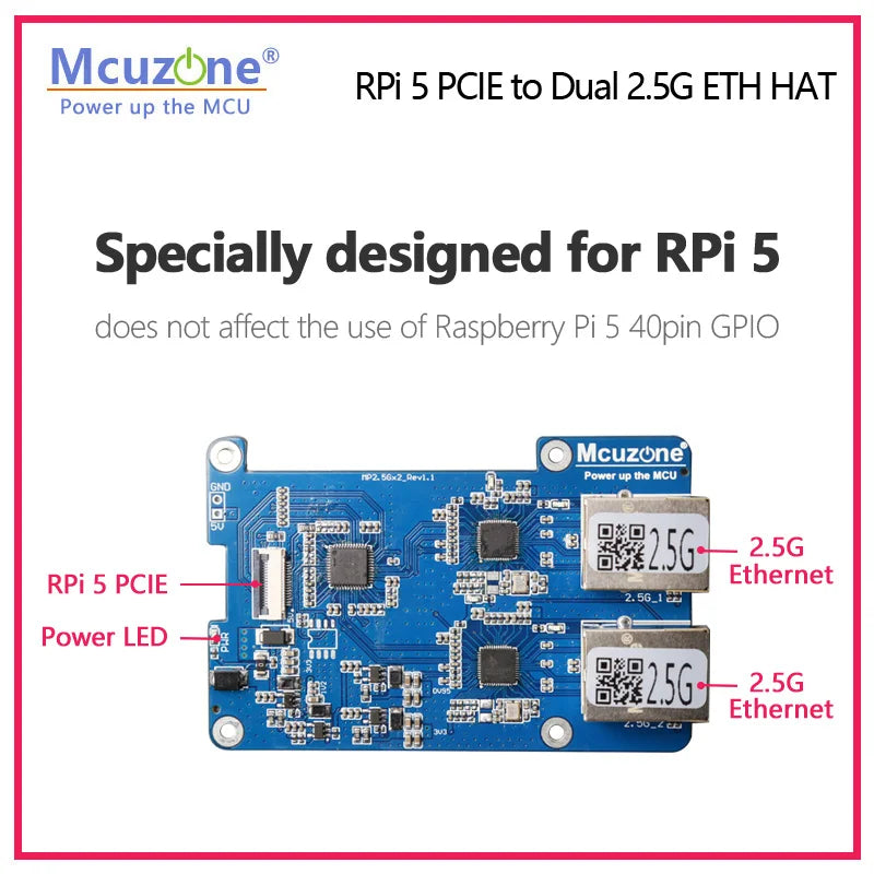 (MP2.5GD)Rasbperry Pi 5  PCIE to Dual 2.5G Ethernet HAT,RTL8125,support RPi OS and Ubuntu