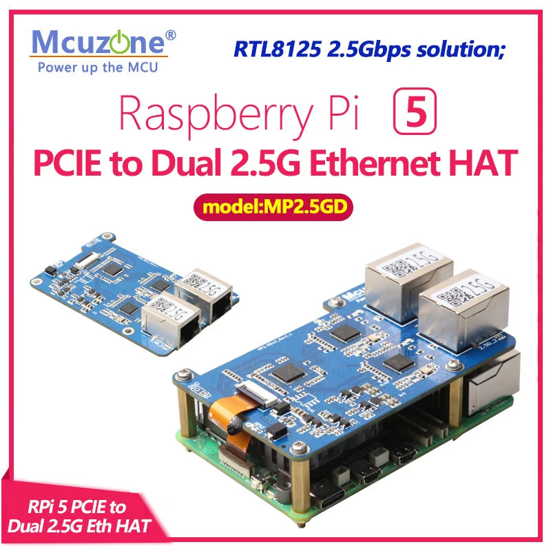 (MP2.5GD)Rasbperry Pi 5  PCIE to Dual 2.5G Ethernet HAT,RTL8125,support RPi OS and Ubuntu