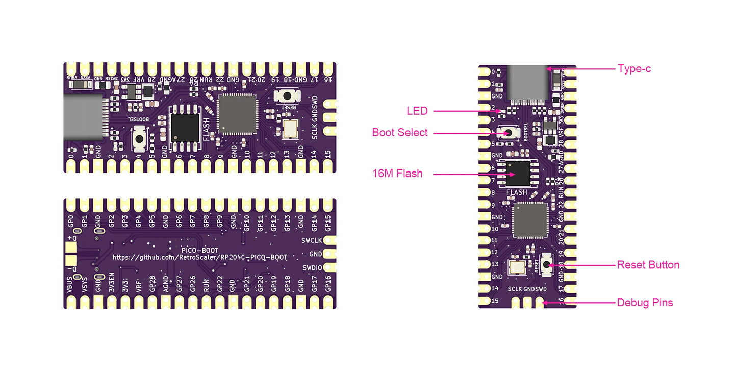 2024 Newest Raspberry Pi Pico Purple Board RP2040 Dual-Core 264KB of SRAM 16MB Flash Memory Low-Power Sleep