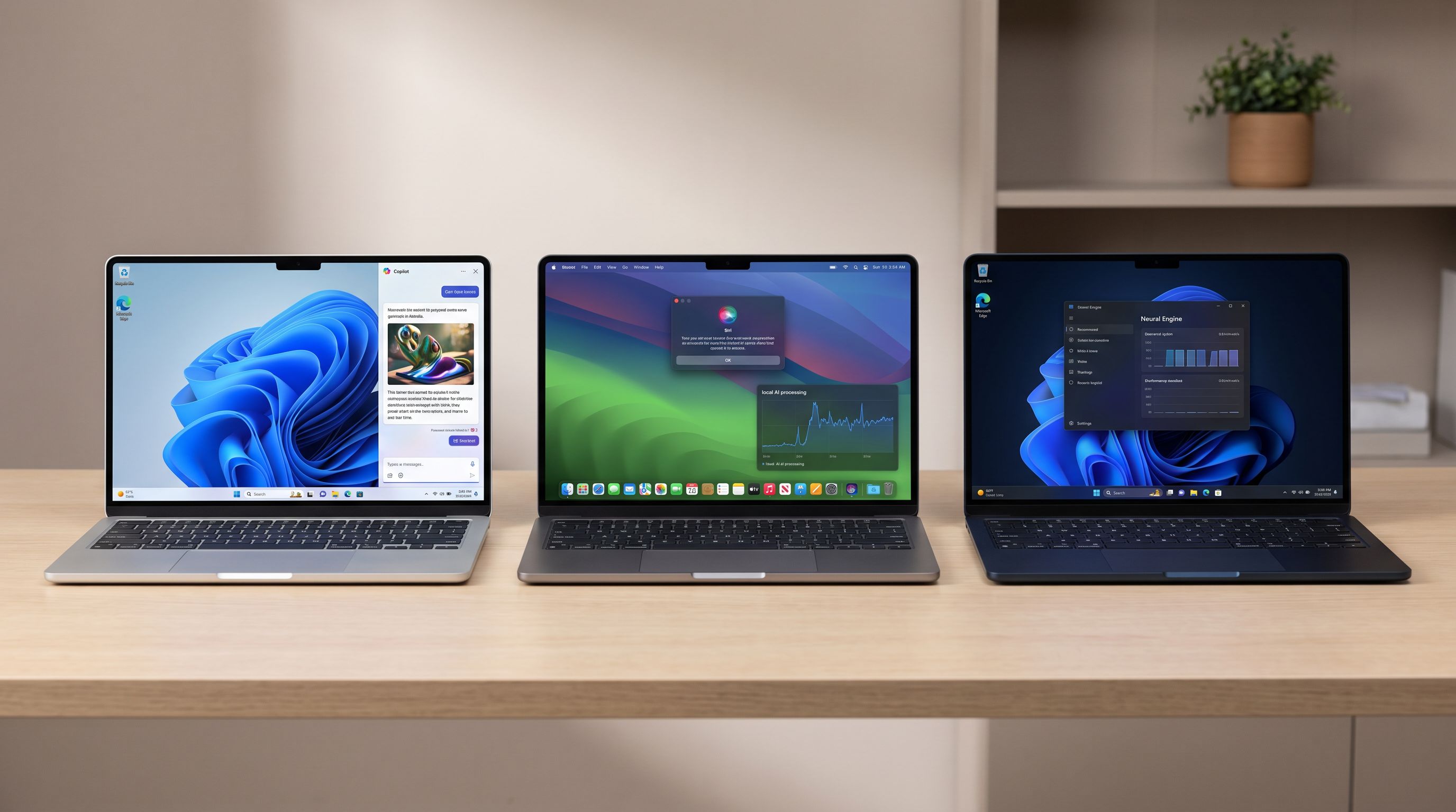 Three thin-and-light AI laptops open side by side on a desk, showing on-device AI features running in Windows and macOS