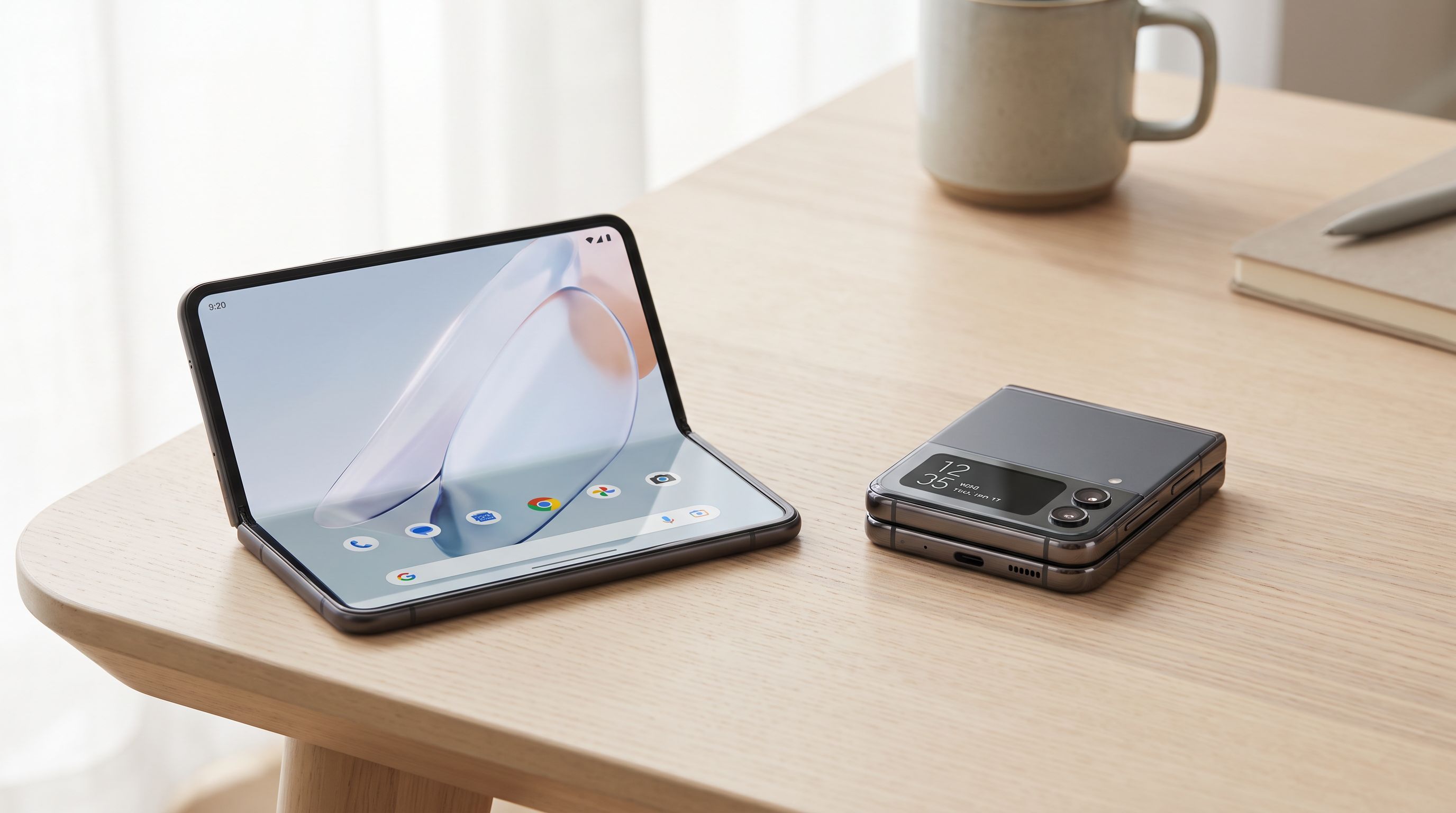 A book-style foldable phone opened to tablet size next to a compact flip phone folded shut on a desk