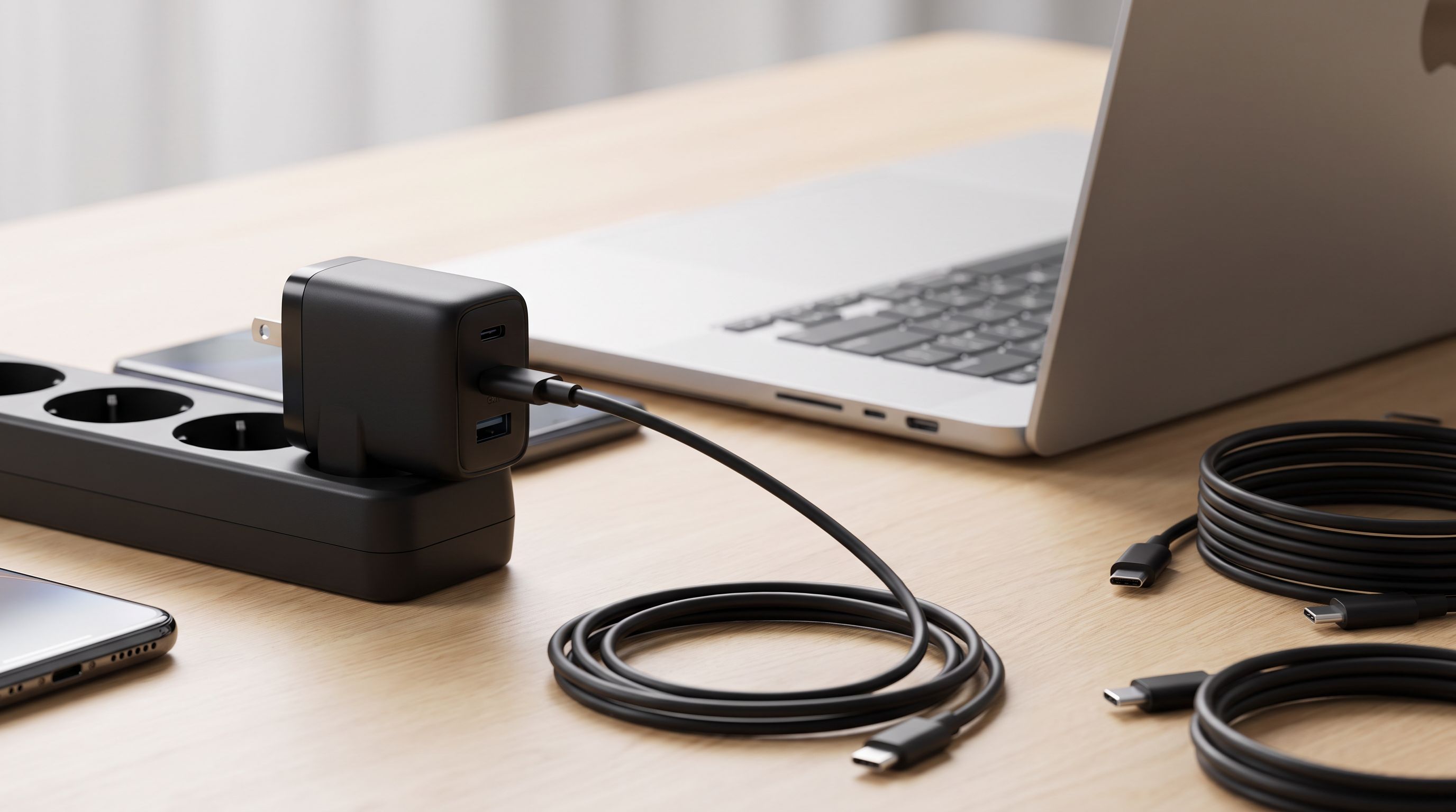 A compact multi-port GaN wall charger sitting beside a laptop, phone and USB-C cables on a desk
