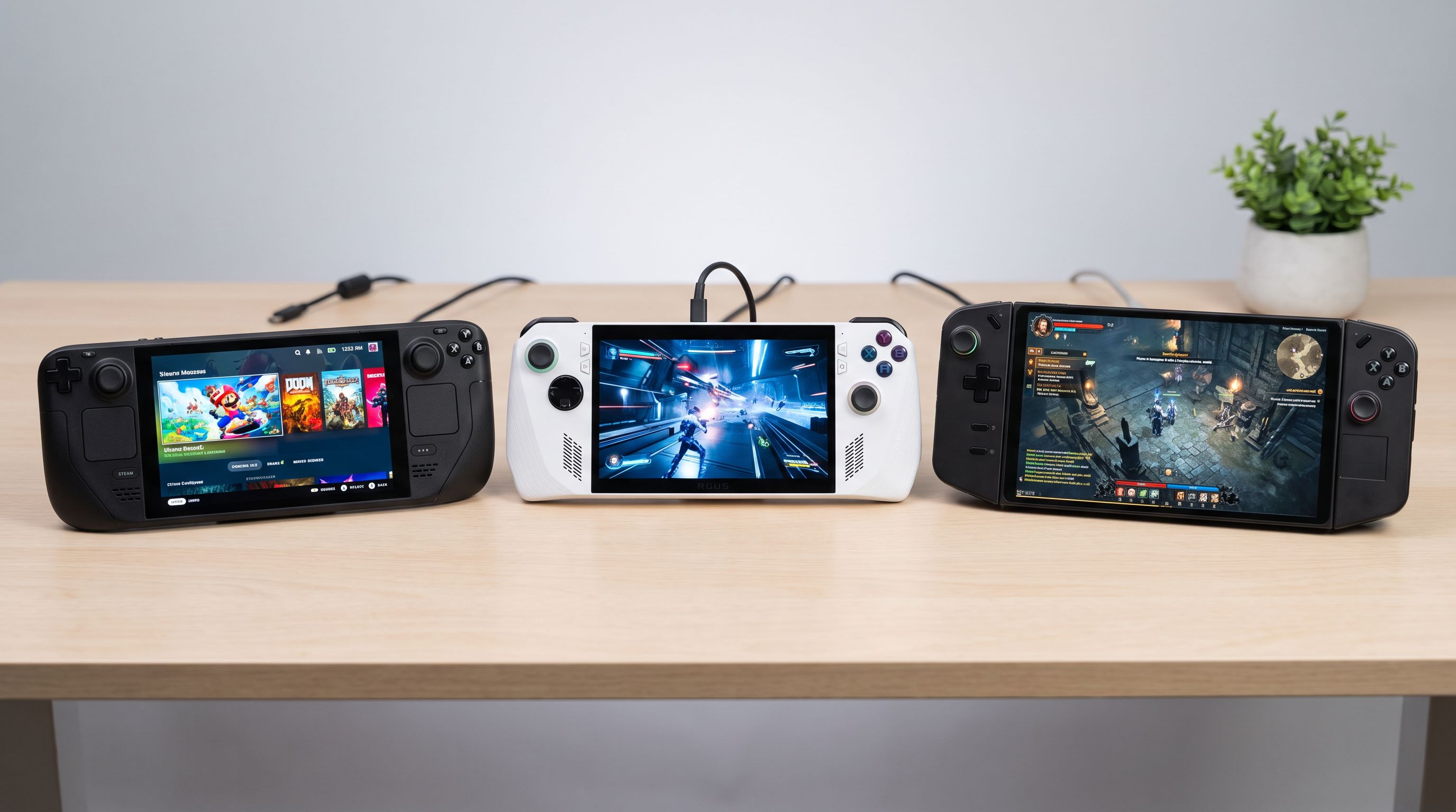 Three handheld gaming PCs — a Steam Deck OLED, an ASUS ROG Ally X and a Lenovo Legion Go — lined up on a desk with their screens on