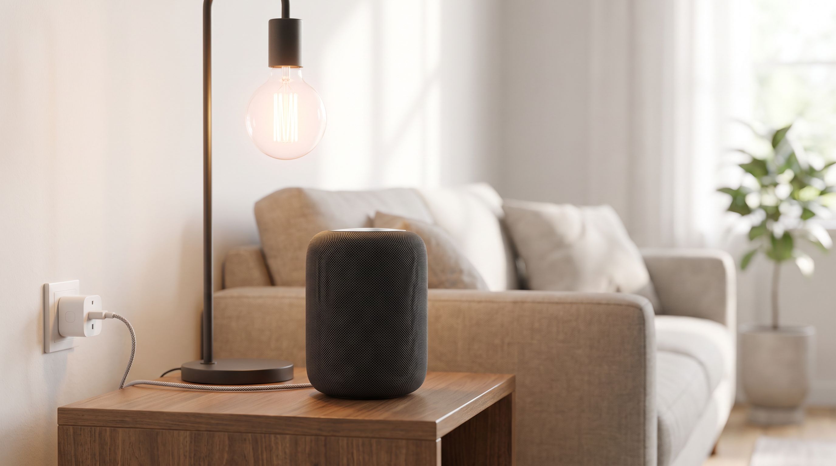 A modern living room with a Matter-compatible smart speaker, smart plug and colour-changing smart bulb glowing warm white