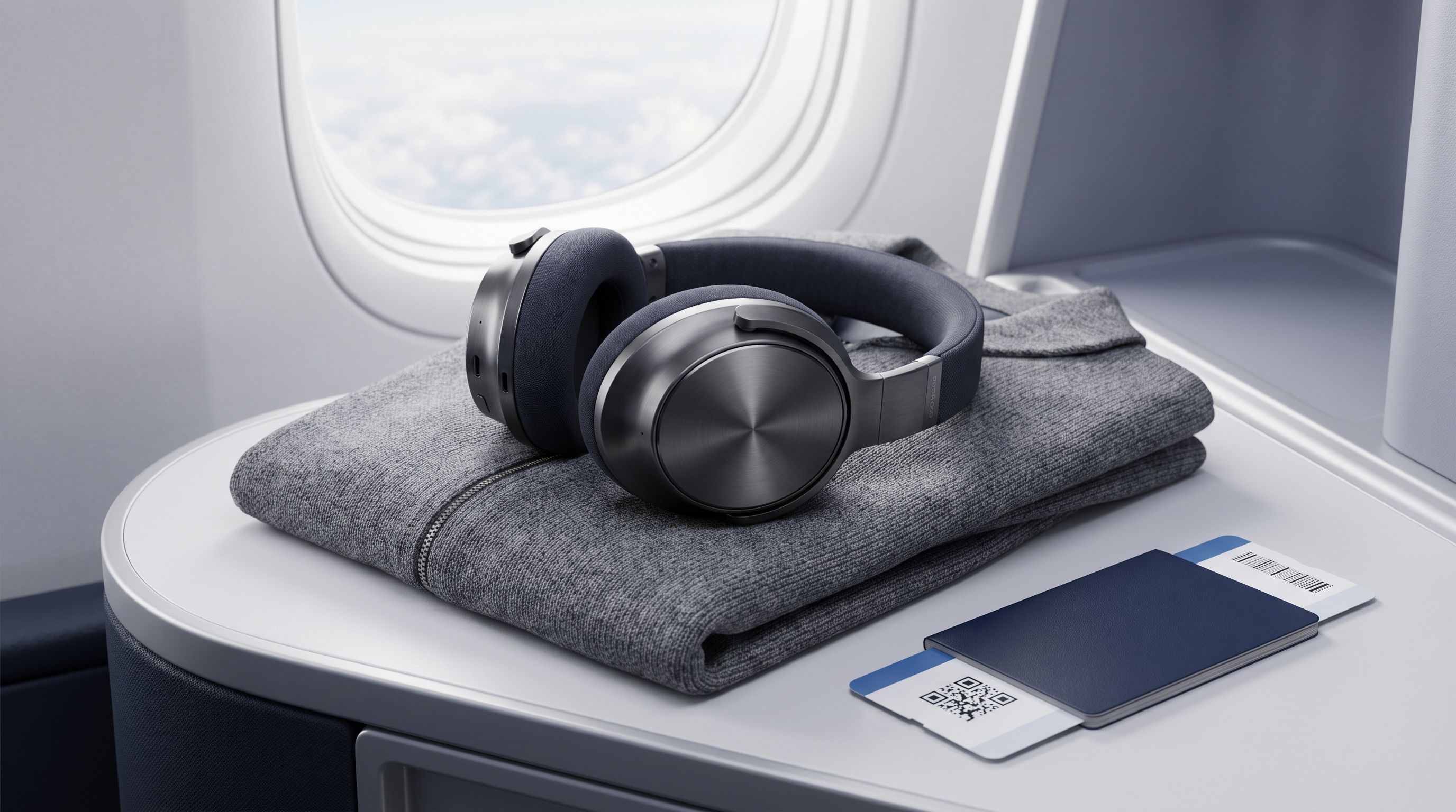 Over-ear noise cancelling headphones resting on a folded jacket beside a passport and a boarding pass on an airplane tray table