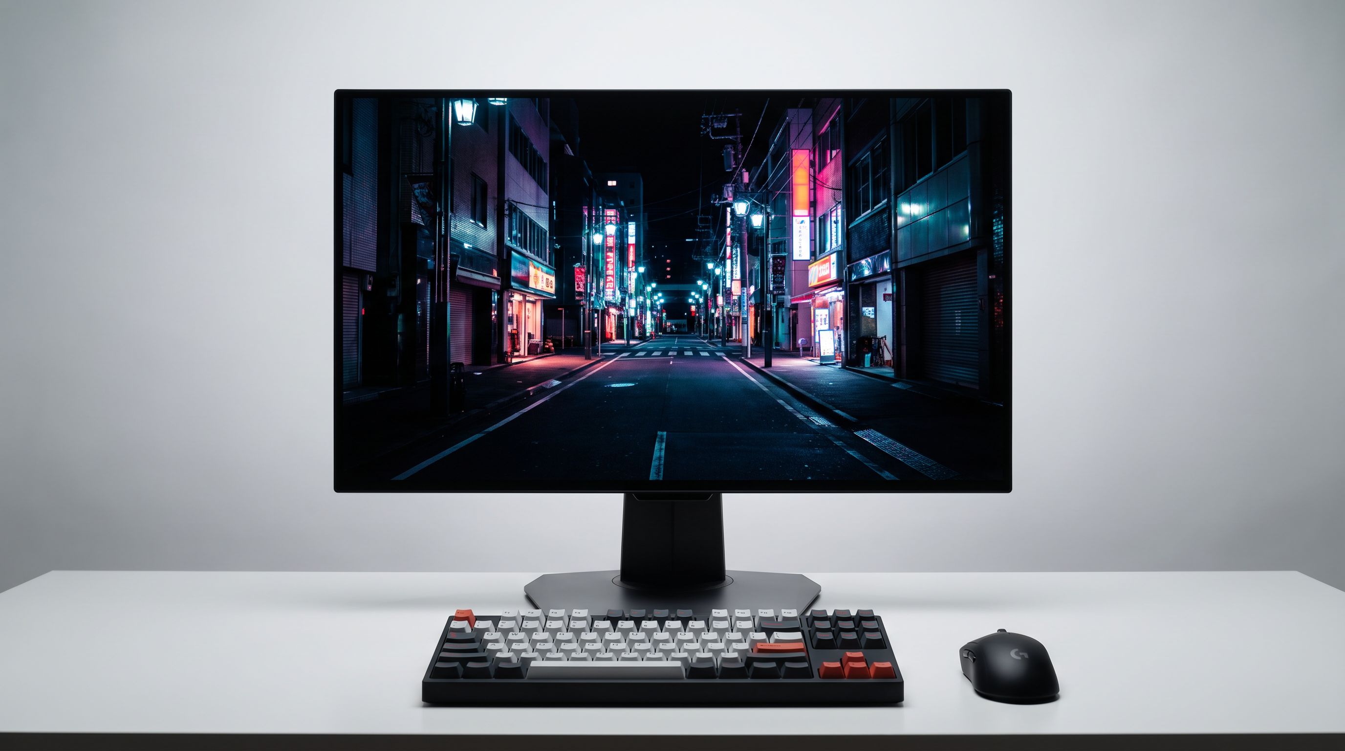 A 4K QD-OLED gaming monitor on a desk showing a high-contrast night-time game scene, with a keyboard and mouse in front