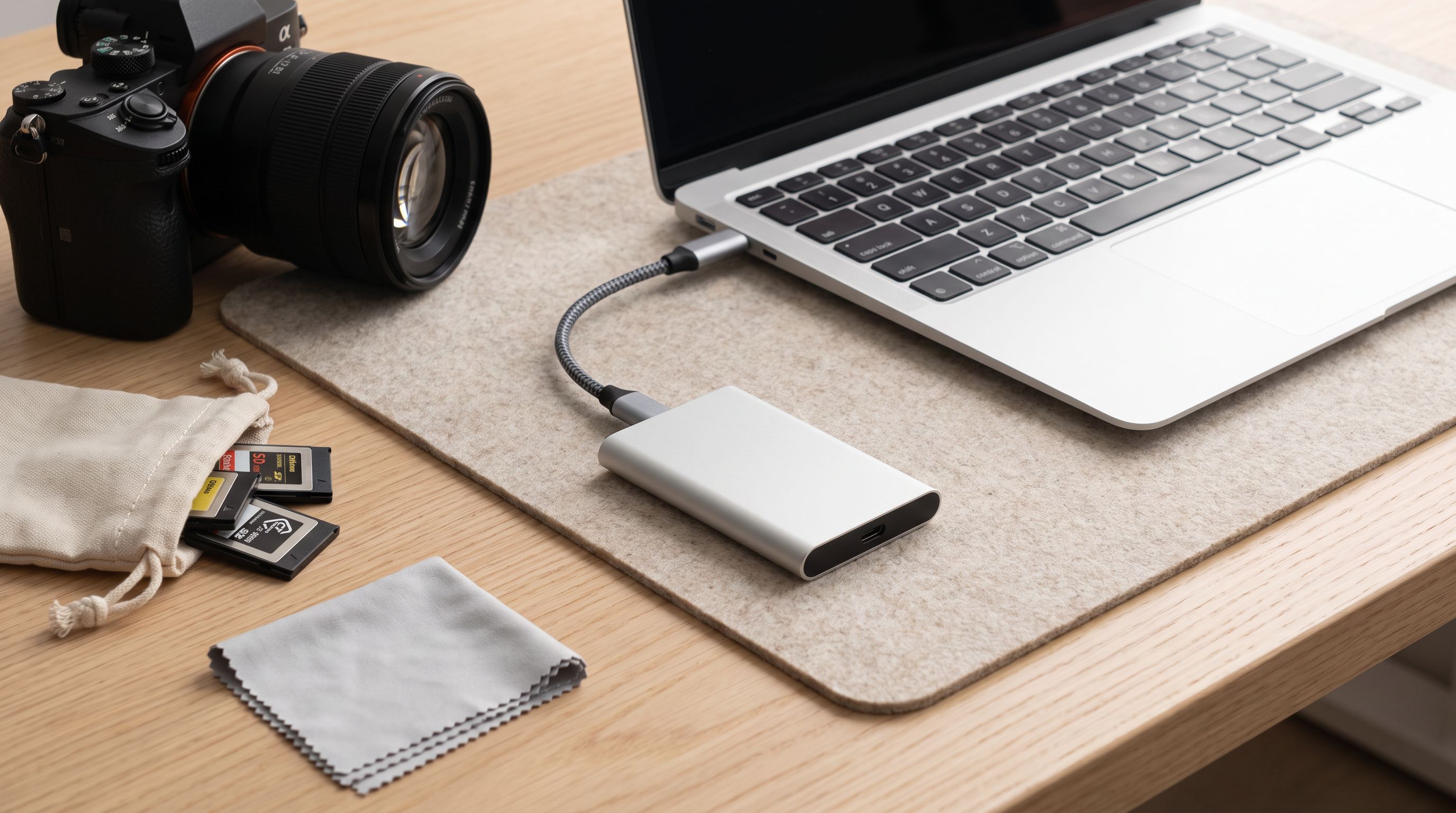 A compact aluminum portable SSD connected by a USB-C cable to a laptop on a desk, with a camera and memory cards nearby