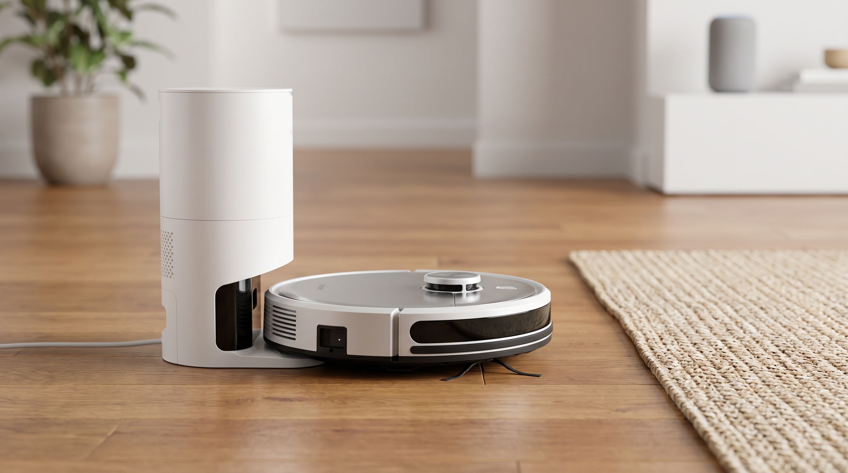 A robot vacuum reversing into a tall white auto-empty dock station on hardwood flooring next to a rug