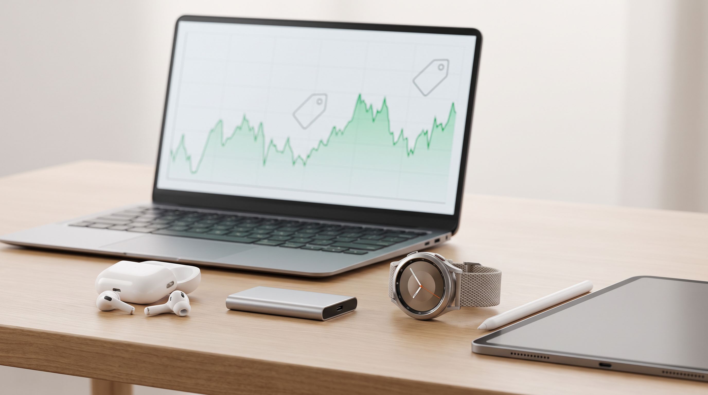 A desk covered with popular tech gadgets — wireless earbuds, a portable SSD, a smartwatch and a tablet — beside a laptop showing a price-history chart